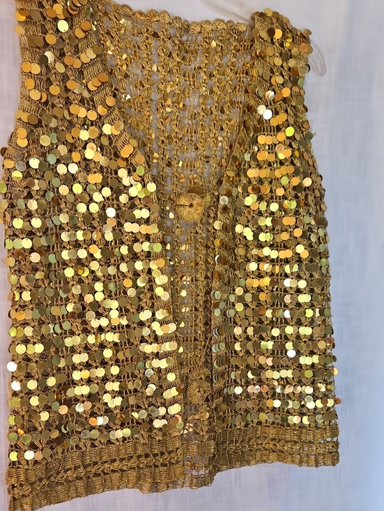 Jackets & Blazers - Vintage Women's Gold Sequin Crochet Vest - Shimmering Open-Knit Layer